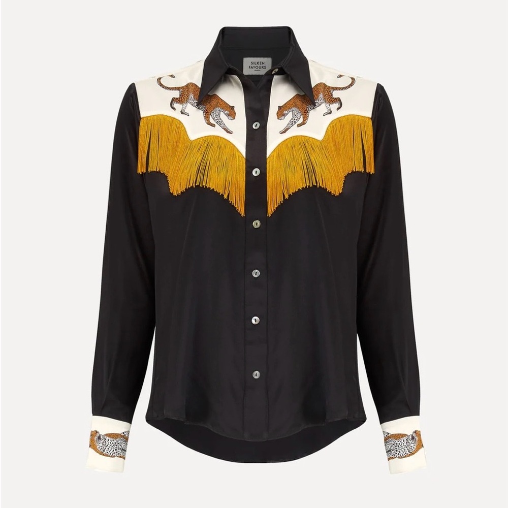 Silken Favours Western Cowboy Silk Blouse with Fringe and Leopards M